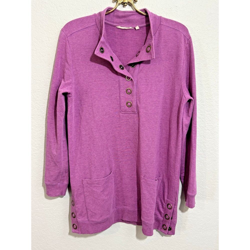 Soft Surroundings Top M Womens Sweatshirt Snap Neck Modest Lagenlook Purple